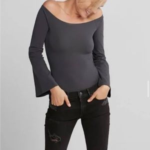 Express Dark Grey Long Sleeve Off the Shoulder Bodysuit